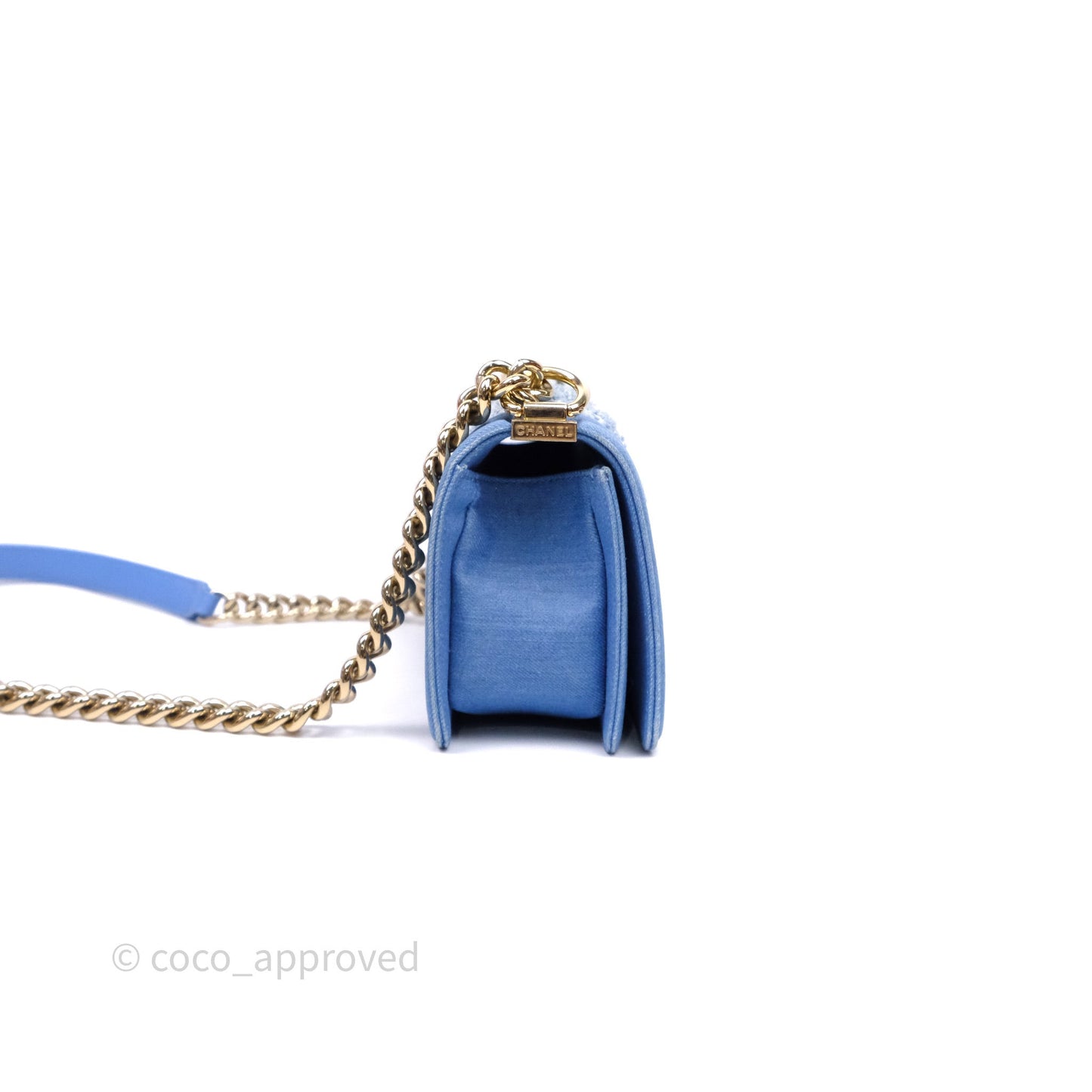 Chanel Small Boy Light Blue Pleated Denim Gold Hardware