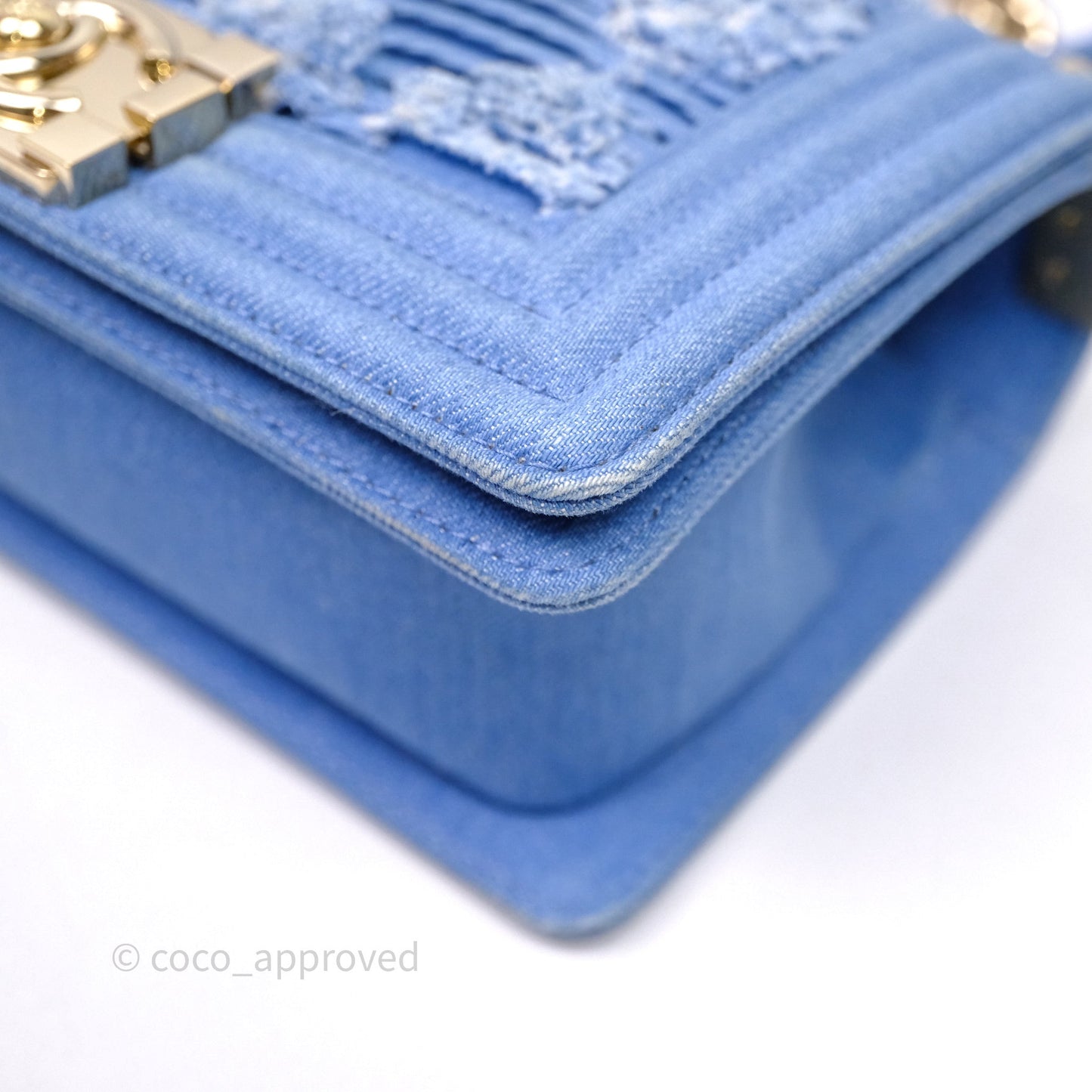 Chanel Small Boy Light Blue Pleated Denim Gold Hardware