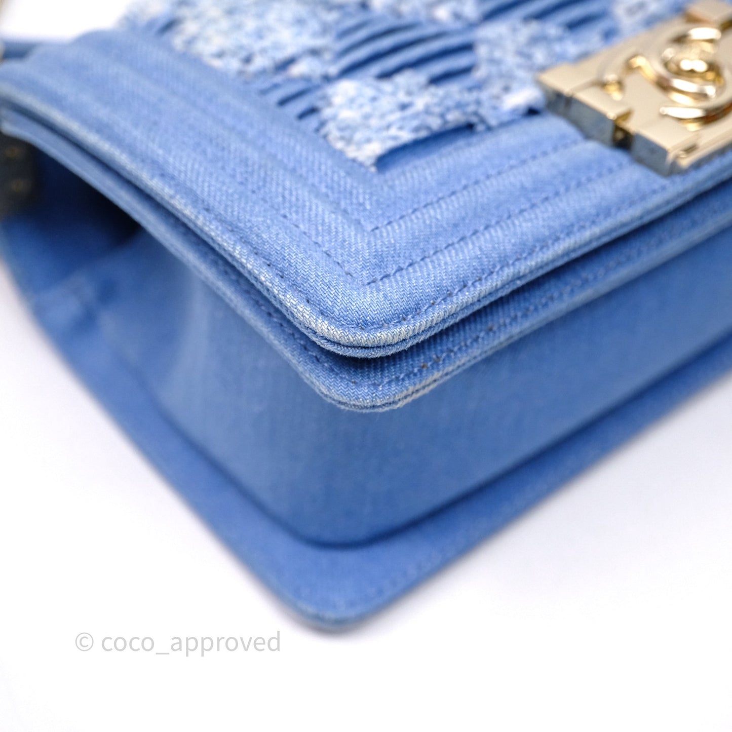Chanel Small Boy Light Blue Pleated Denim Gold Hardware
