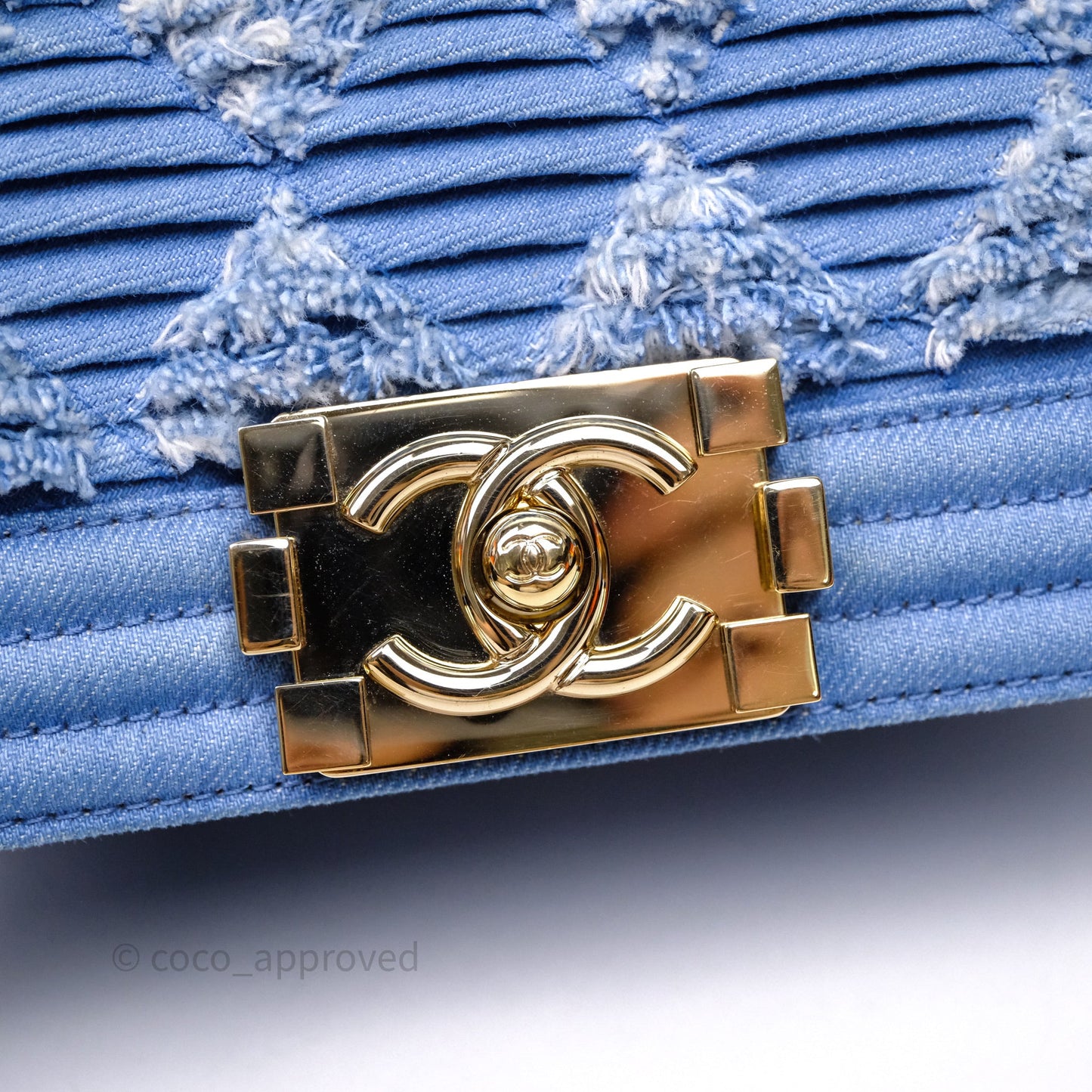 Chanel Small Boy Light Blue Pleated Denim Gold Hardware