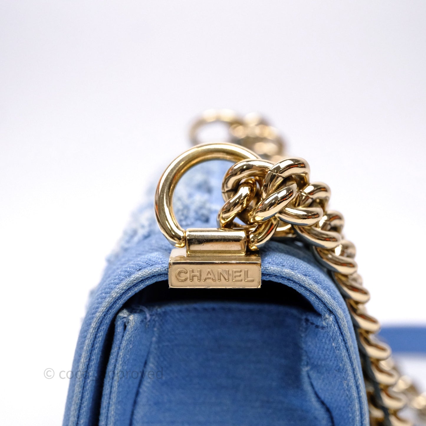 Chanel Small Boy Light Blue Pleated Denim Gold Hardware