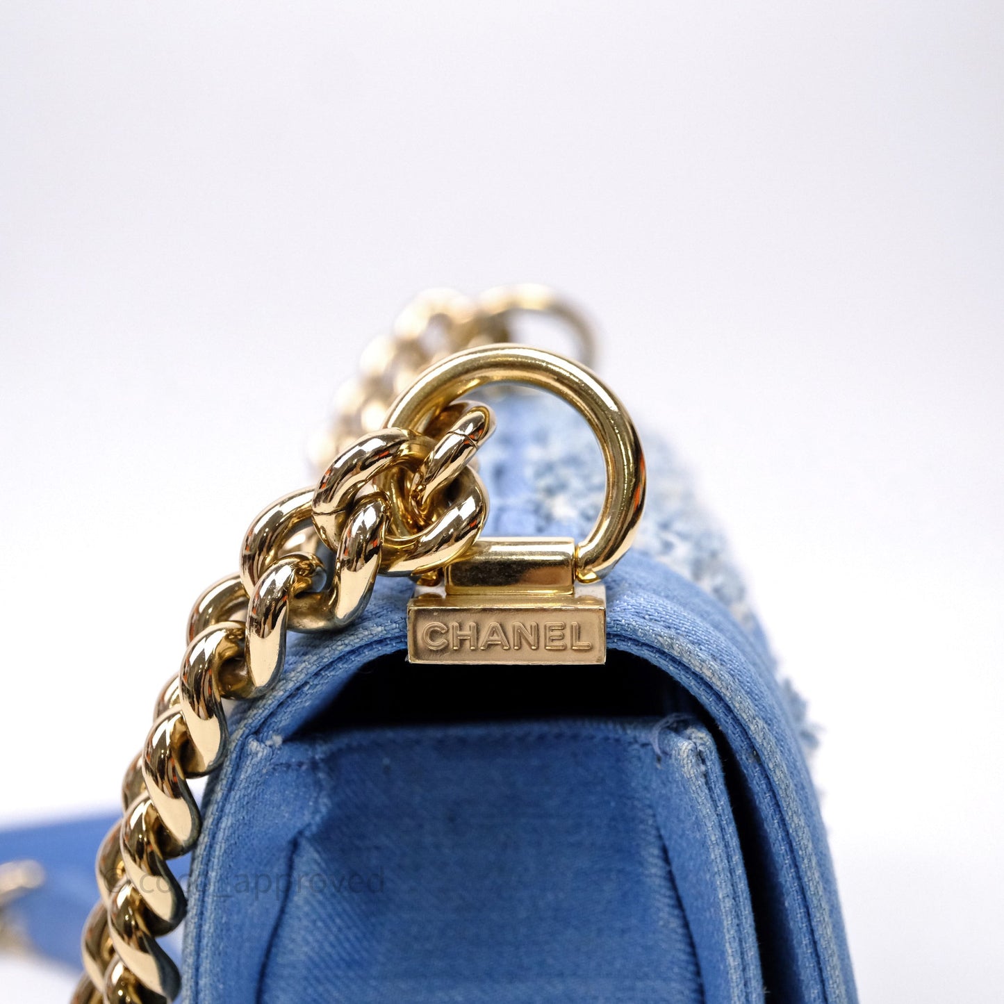 Chanel Small Boy Light Blue Pleated Denim Gold Hardware
