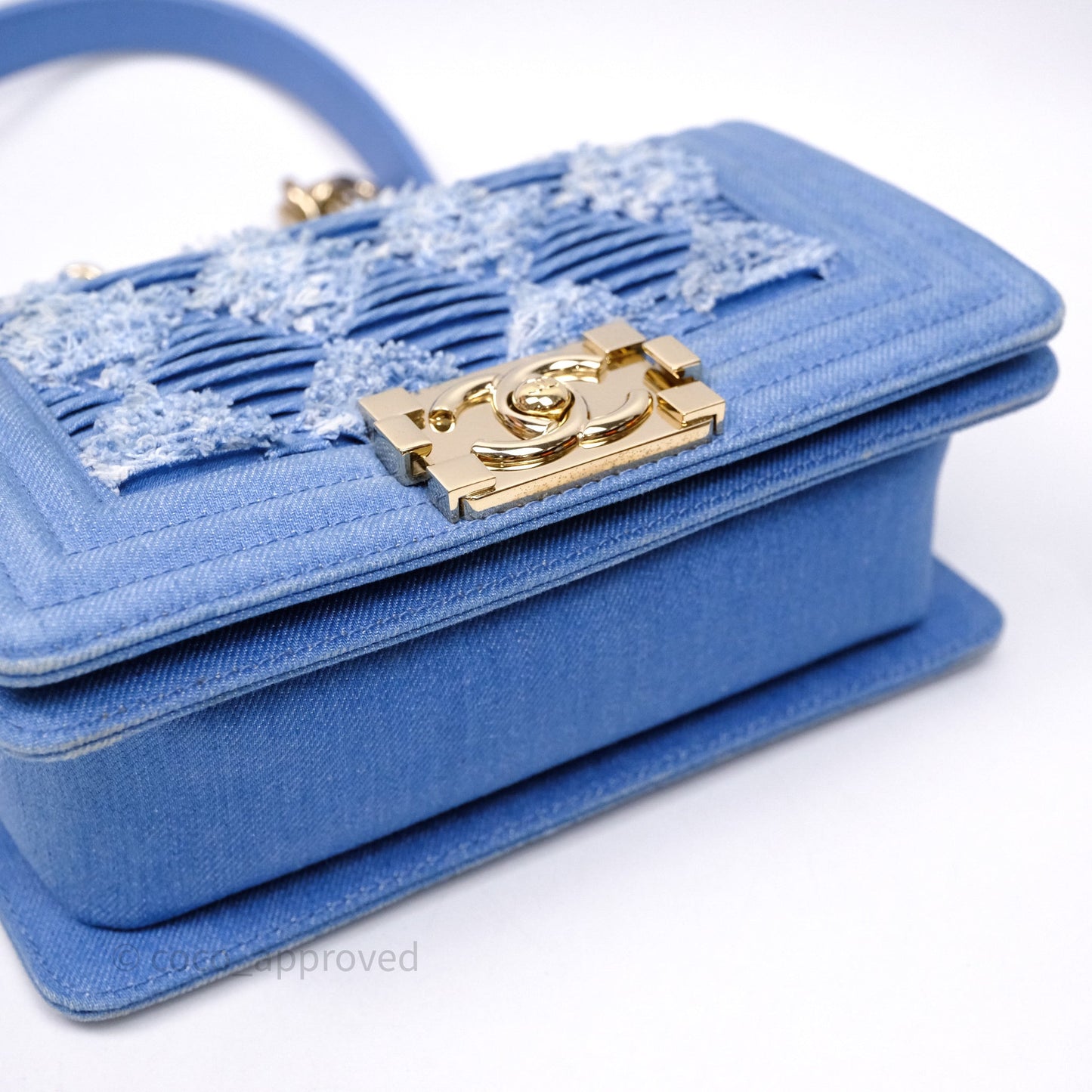 Chanel Small Boy Light Blue Pleated Denim Gold Hardware