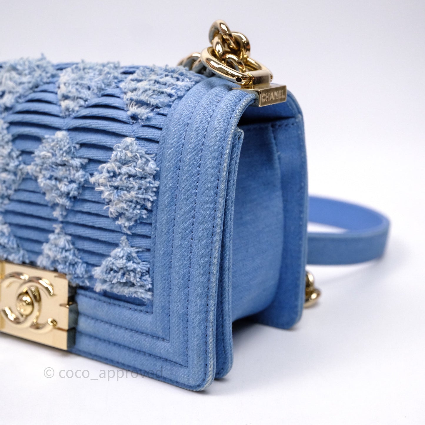 Chanel Small Boy Light Blue Pleated Denim Gold Hardware