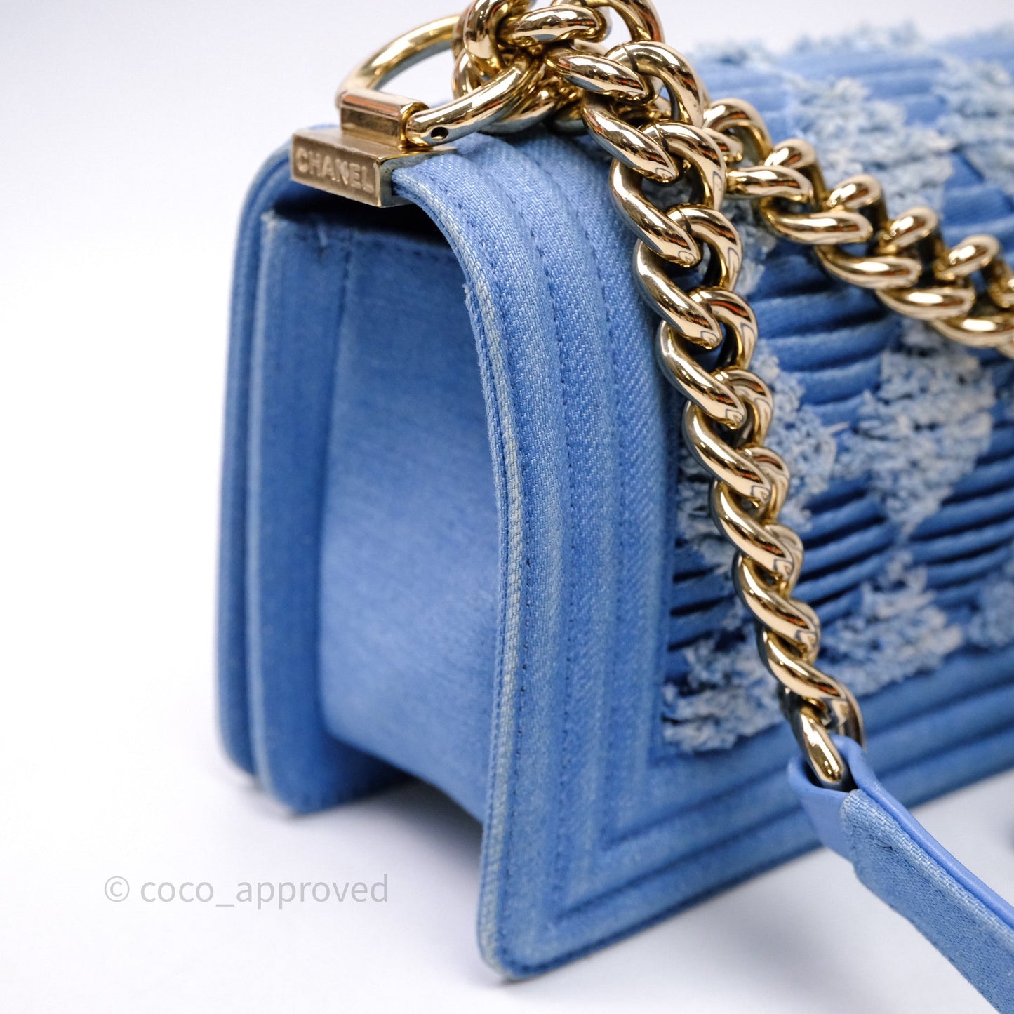Chanel Small Boy Light Blue Pleated Denim Gold Hardware