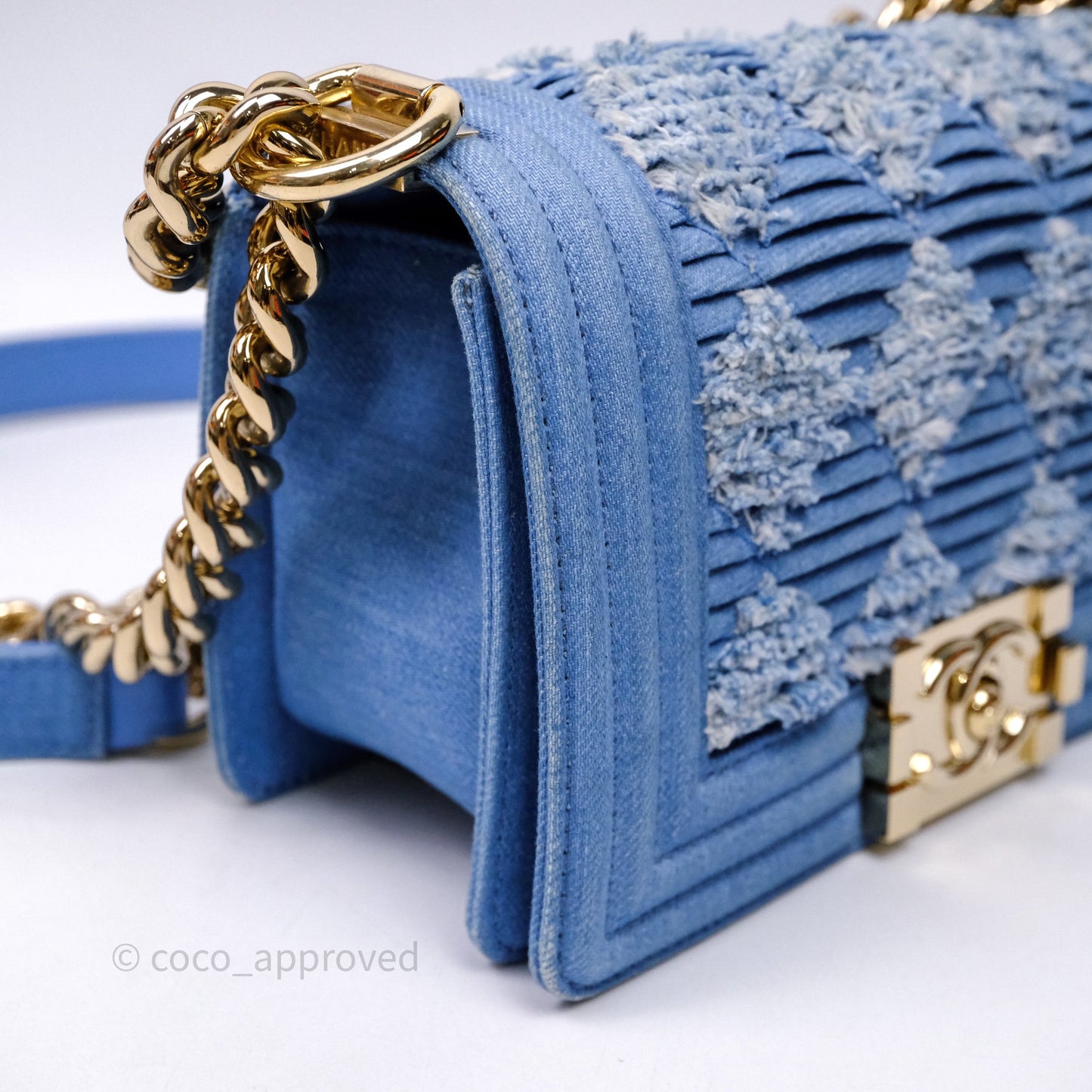 Chanel Small Boy Light Blue Pleated Denim Gold Hardware