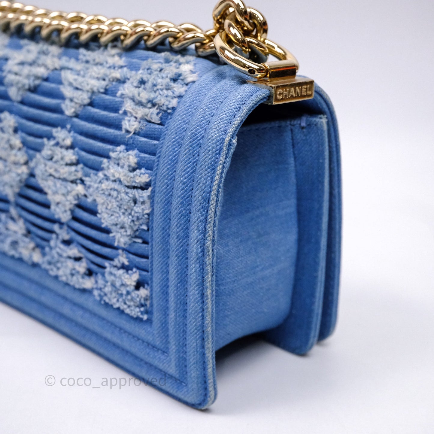 Chanel Small Boy Light Blue Pleated Denim Gold Hardware
