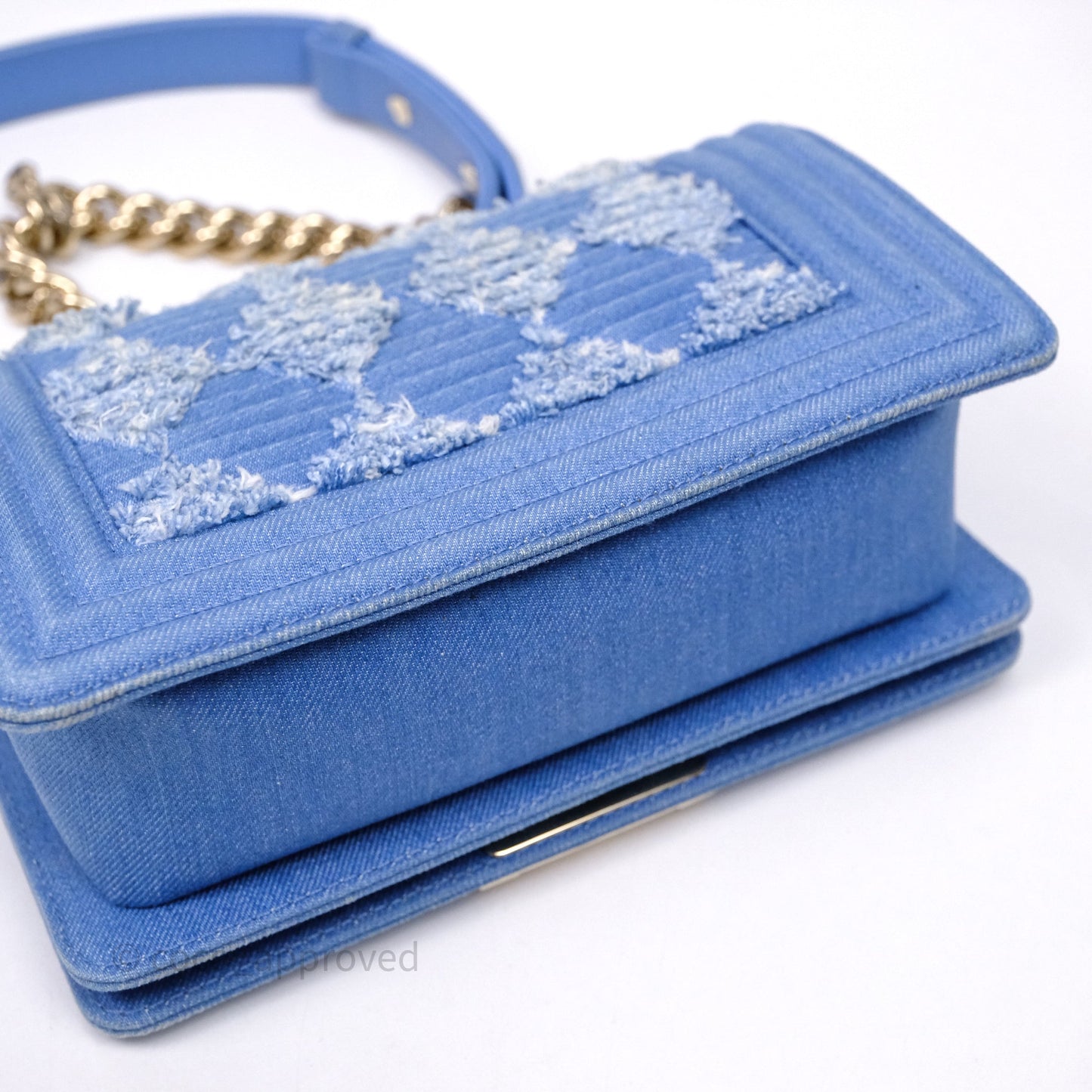 Chanel Small Boy Light Blue Pleated Denim Gold Hardware