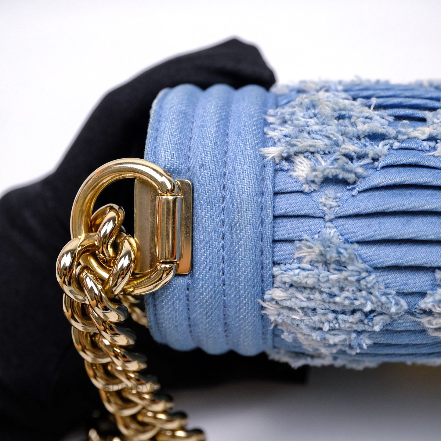 Chanel Small Boy Light Blue Pleated Denim Gold Hardware
