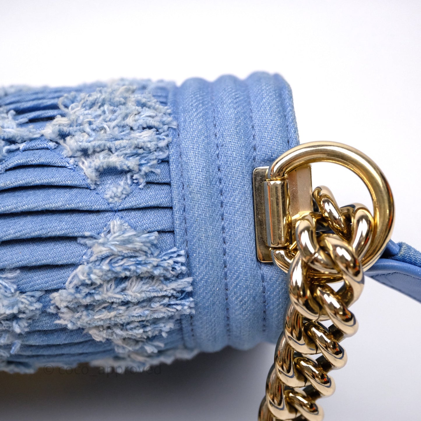 Chanel Small Boy Light Blue Pleated Denim Gold Hardware