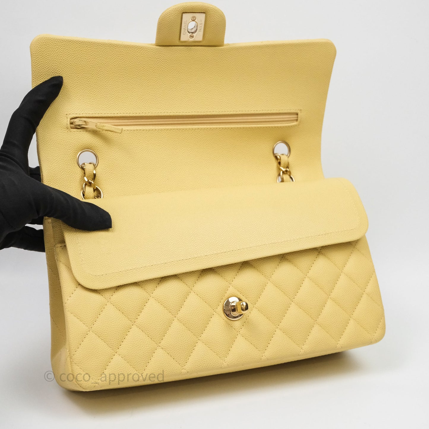 Chanel Classic M/L Medium Flap Quilted Yellow Caviar Gold Hardware