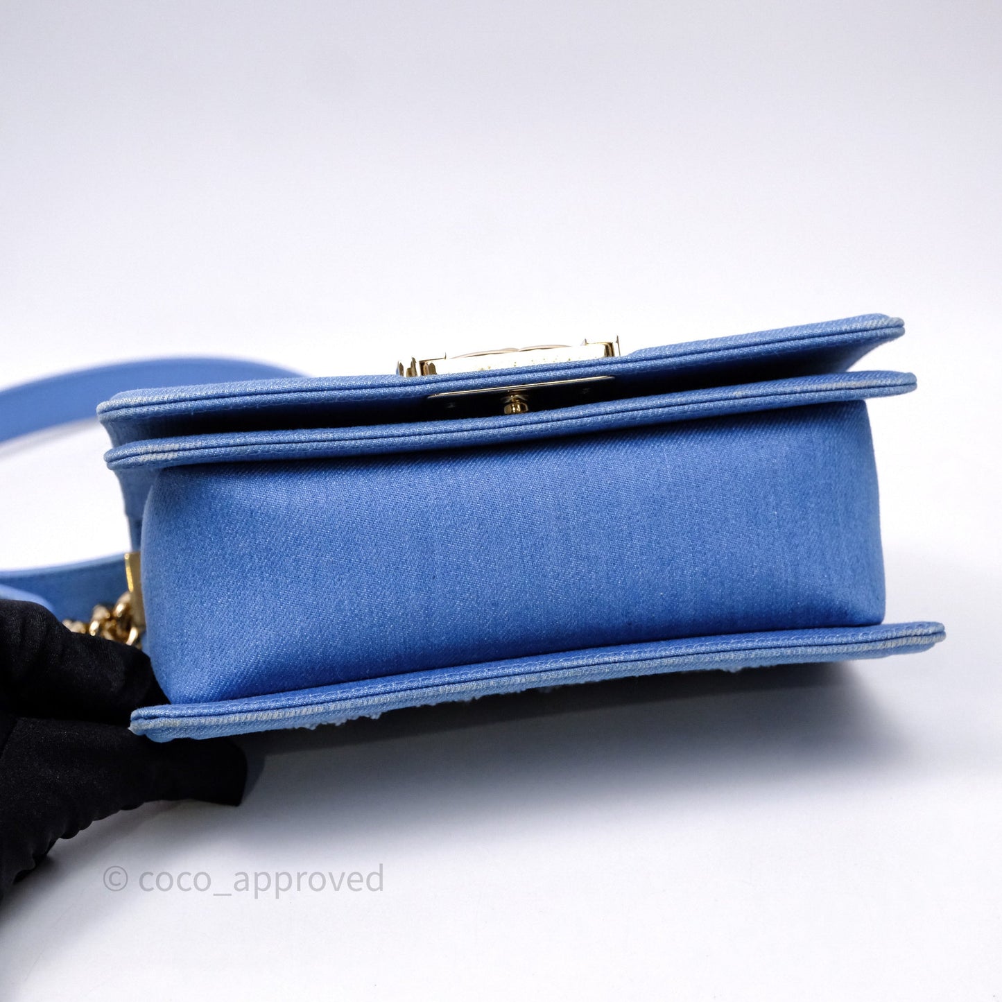 Chanel Small Boy Light Blue Pleated Denim Gold Hardware