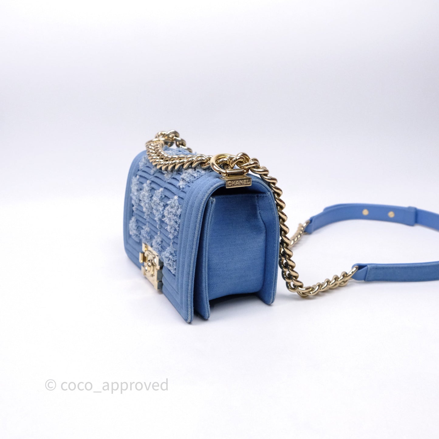 Chanel Small Boy Light Blue Pleated Denim Gold Hardware