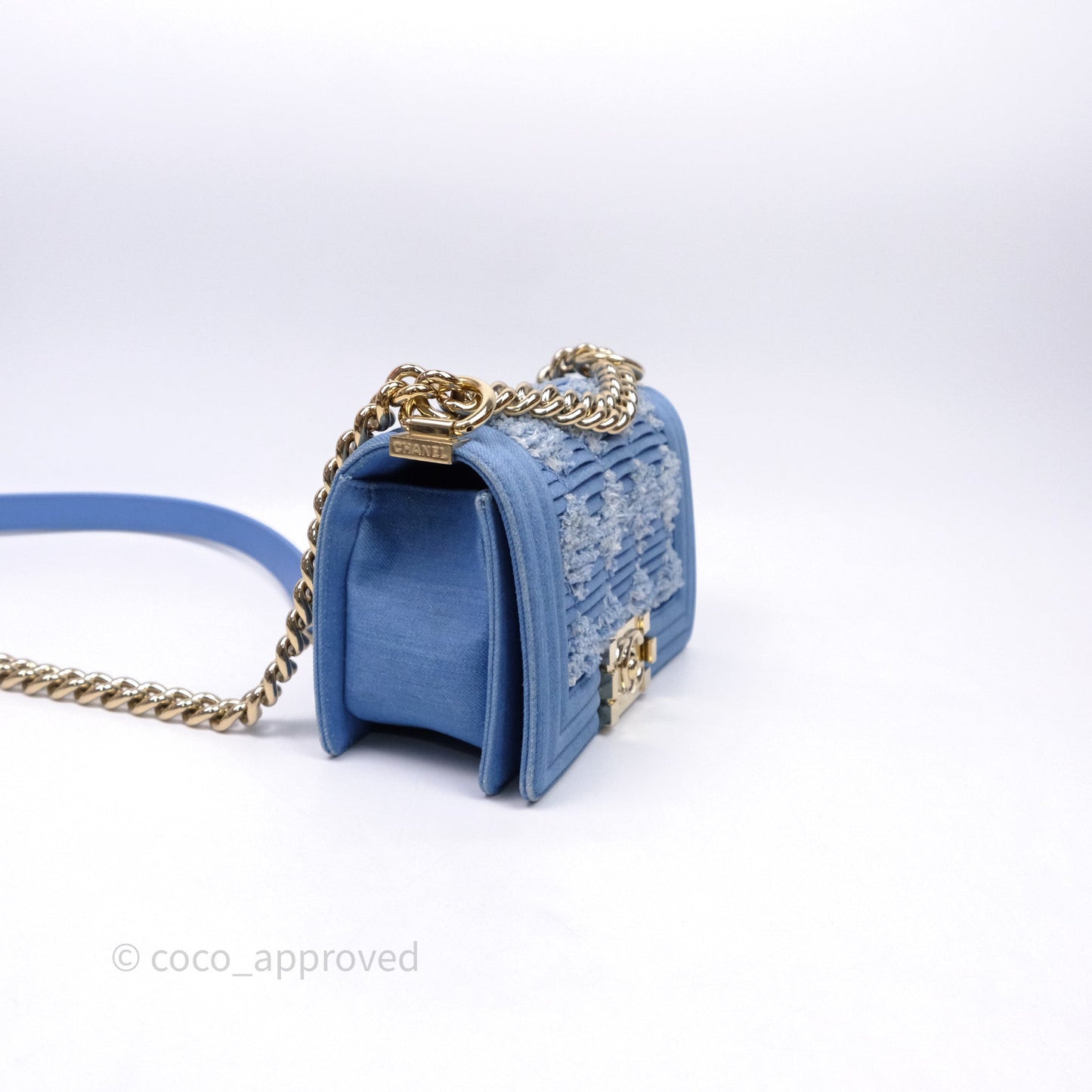 Chanel Small Boy Light Blue Pleated Denim Gold Hardware