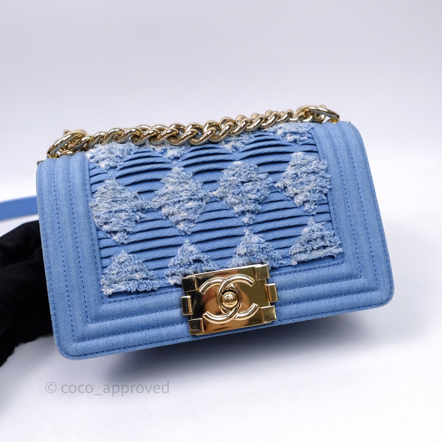 Chanel Small Boy Light Blue Pleated Denim Gold Hardware