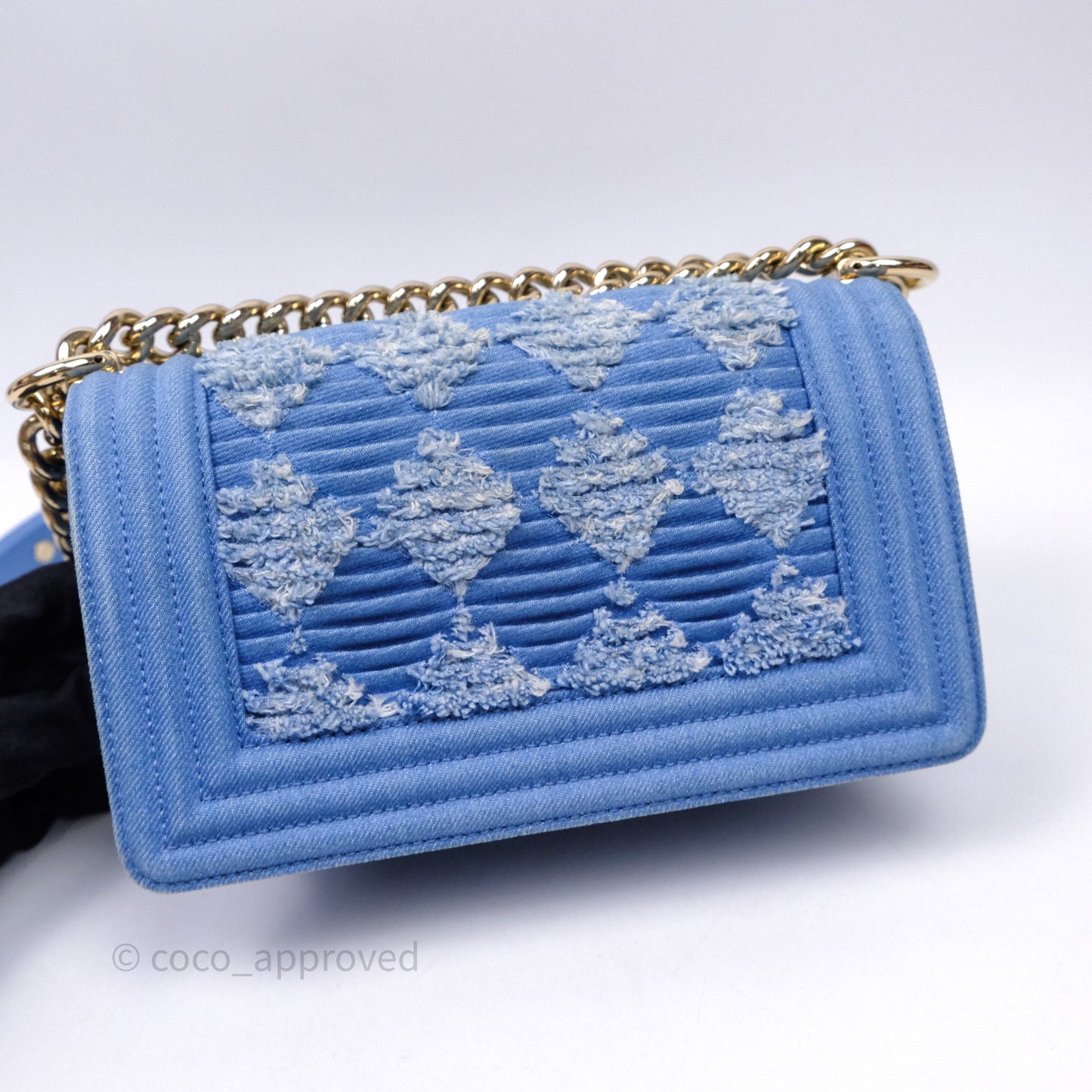 Chanel Small Boy Light Blue Pleated Denim Gold Hardware