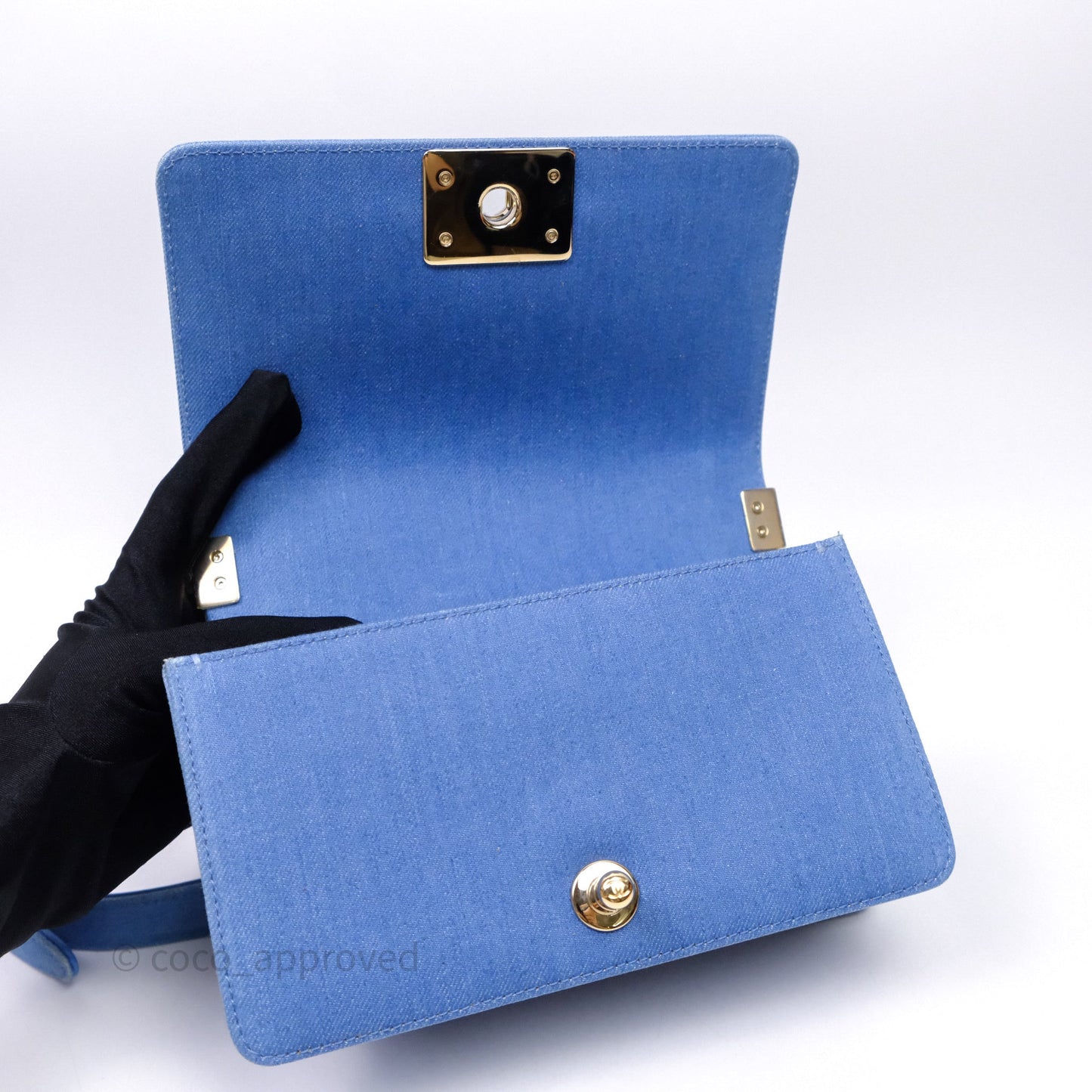 Chanel Small Boy Light Blue Pleated Denim Gold Hardware