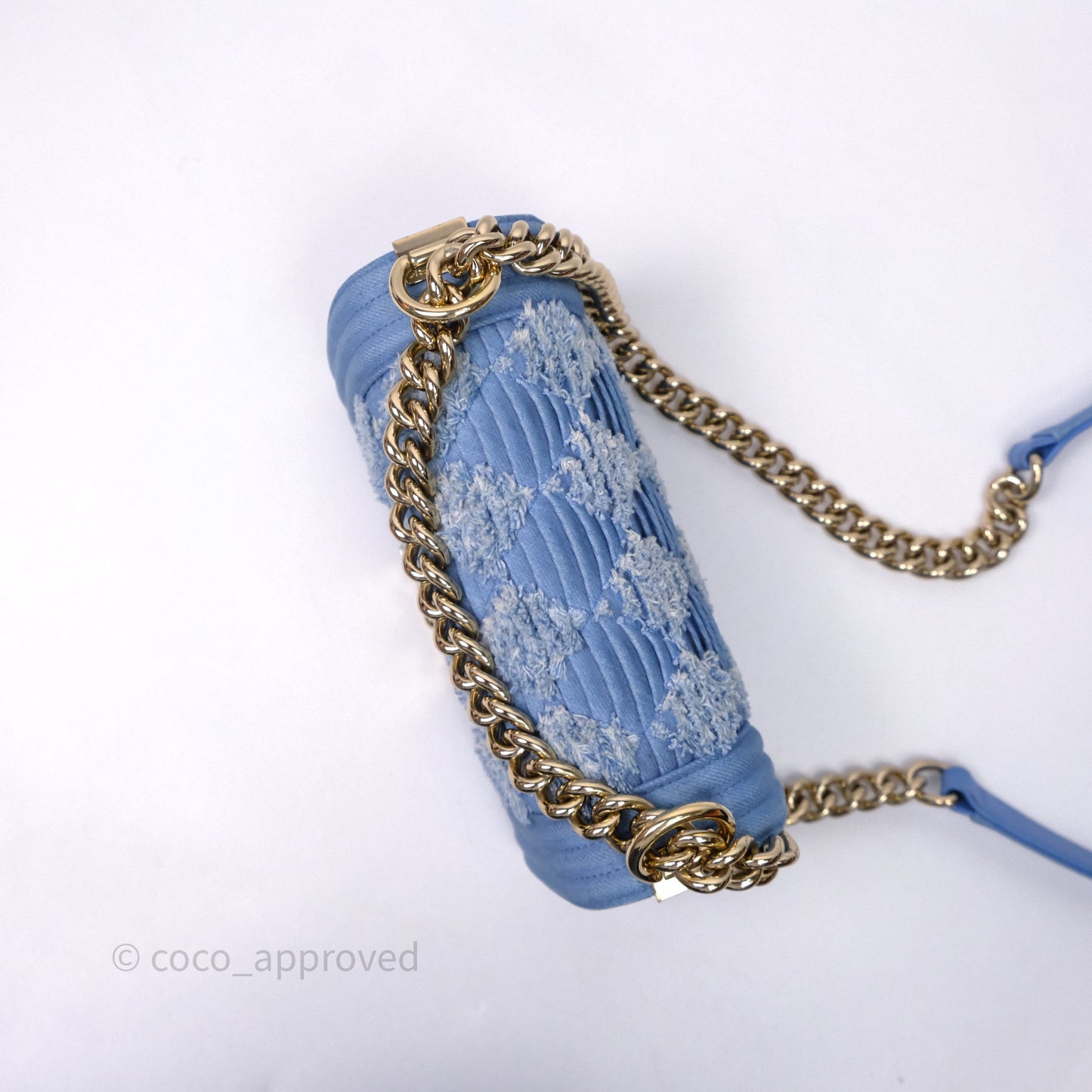 Chanel Small Boy Light Blue Pleated Denim Gold Hardware