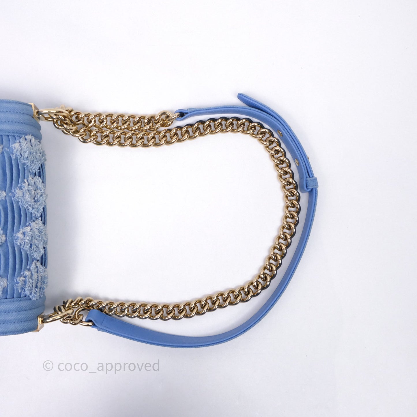 Chanel Small Boy Light Blue Pleated Denim Gold Hardware