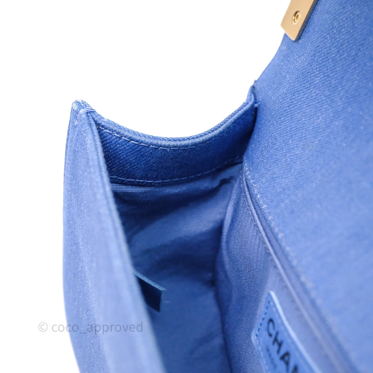 Chanel Small Boy Light Blue Pleated Denim Gold Hardware