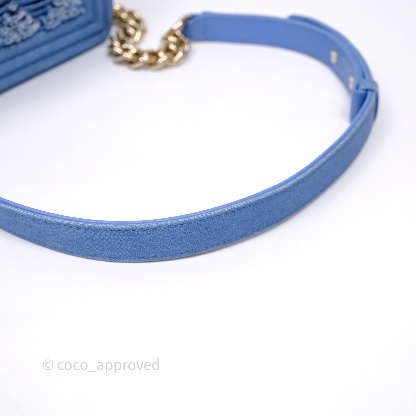 Chanel Small Boy Light Blue Pleated Denim Gold Hardware