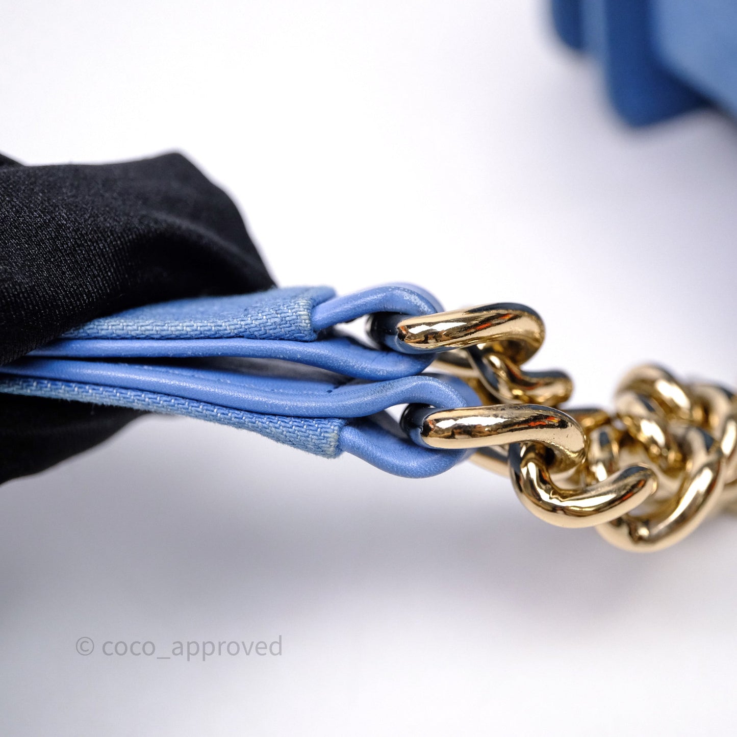 Chanel Small Boy Light Blue Pleated Denim Gold Hardware