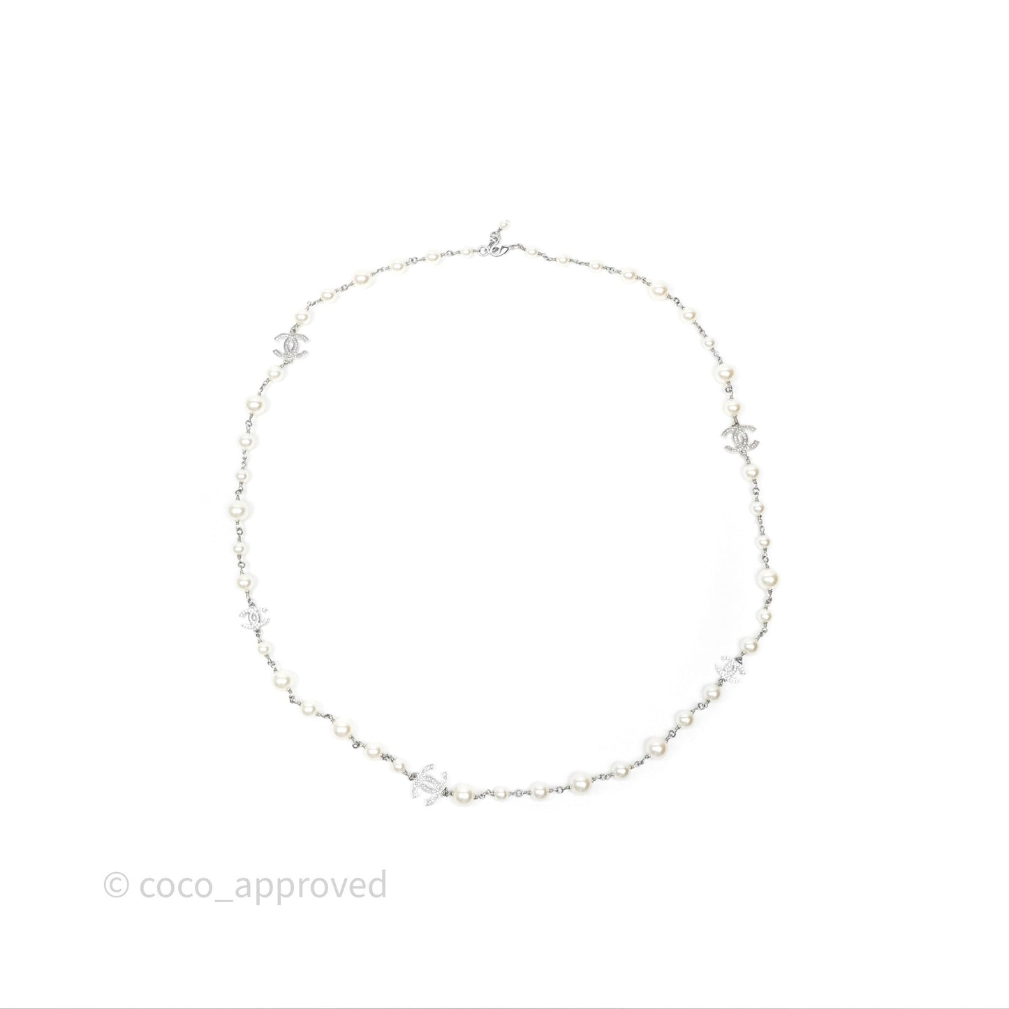 Chanel Crystal CC Pearl Necklace Sliver Tone 25V