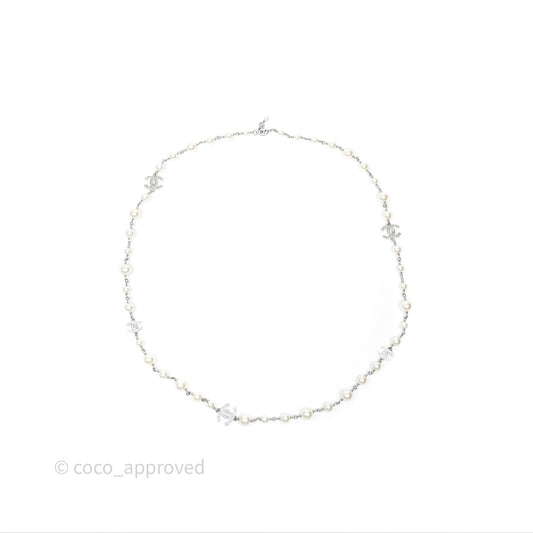 Chanel Crystal CC Pearl Necklace Sliver Tone 25V