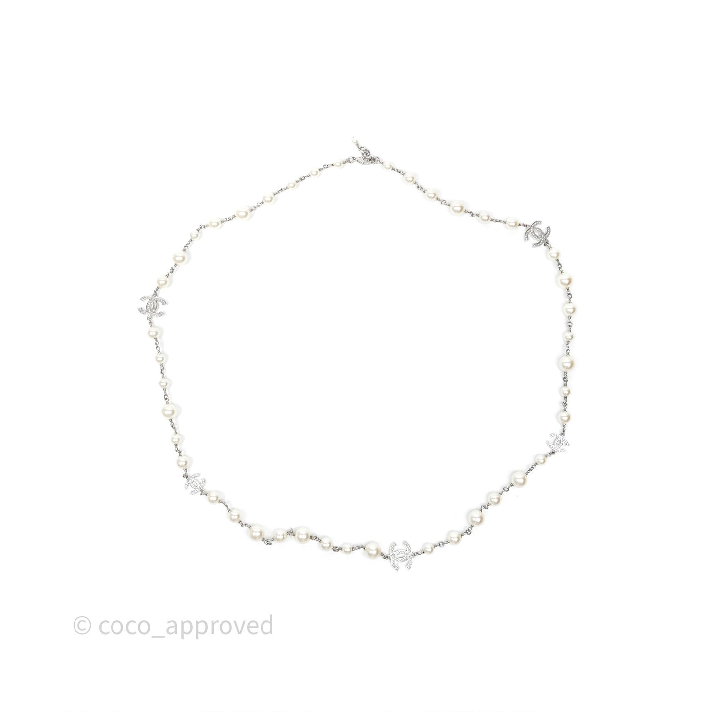 Chanel Crystal CC Pearl Necklace Sliver Tone 25V