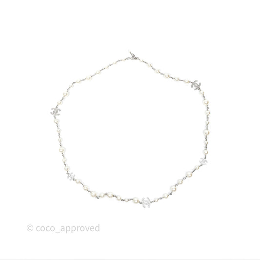 Chanel Crystal CC Pearl Necklace Sliver Tone 25V