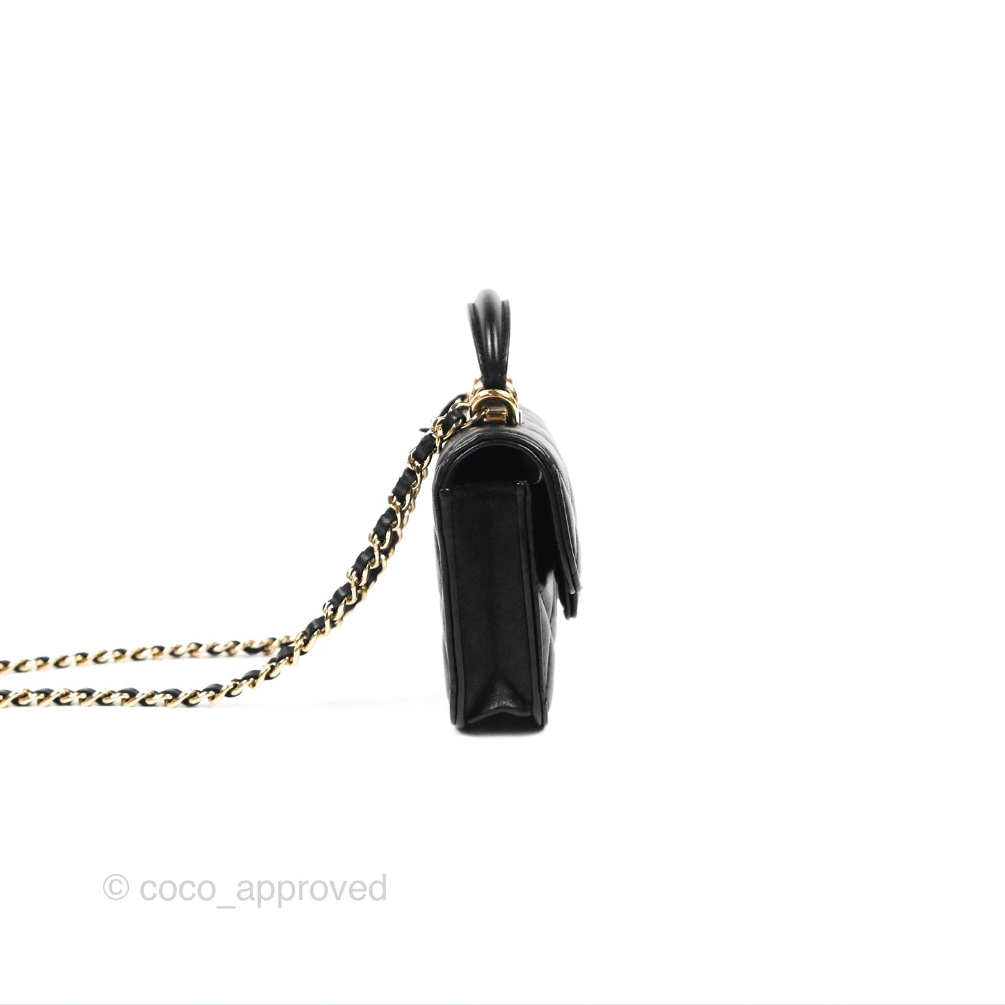Chanel Mini Handle Flap Coin Purse With Chain Black Lambskin Gold Hardware