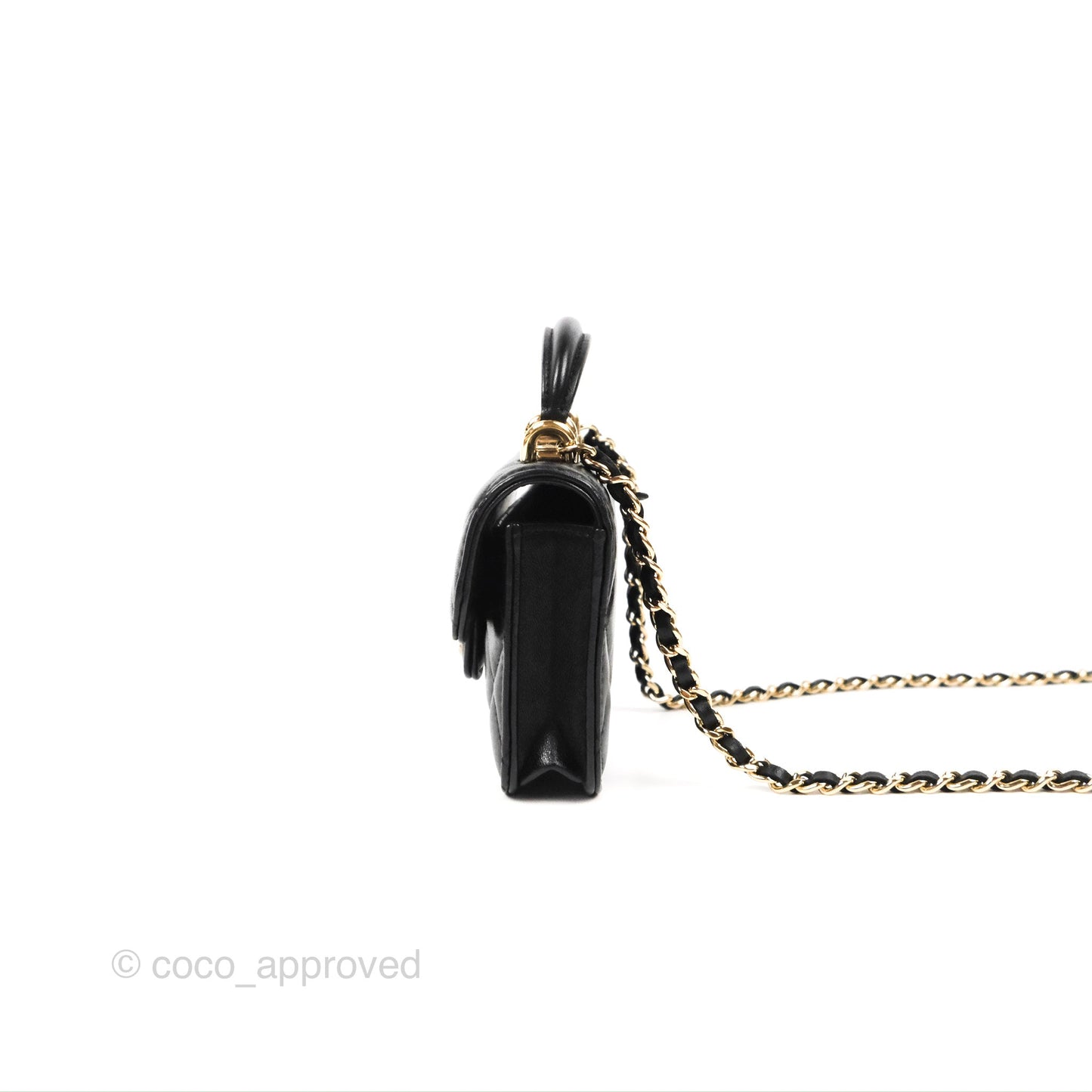Chanel Mini Handle Flap Coin Purse With Chain Black Lambskin Gold Hardware