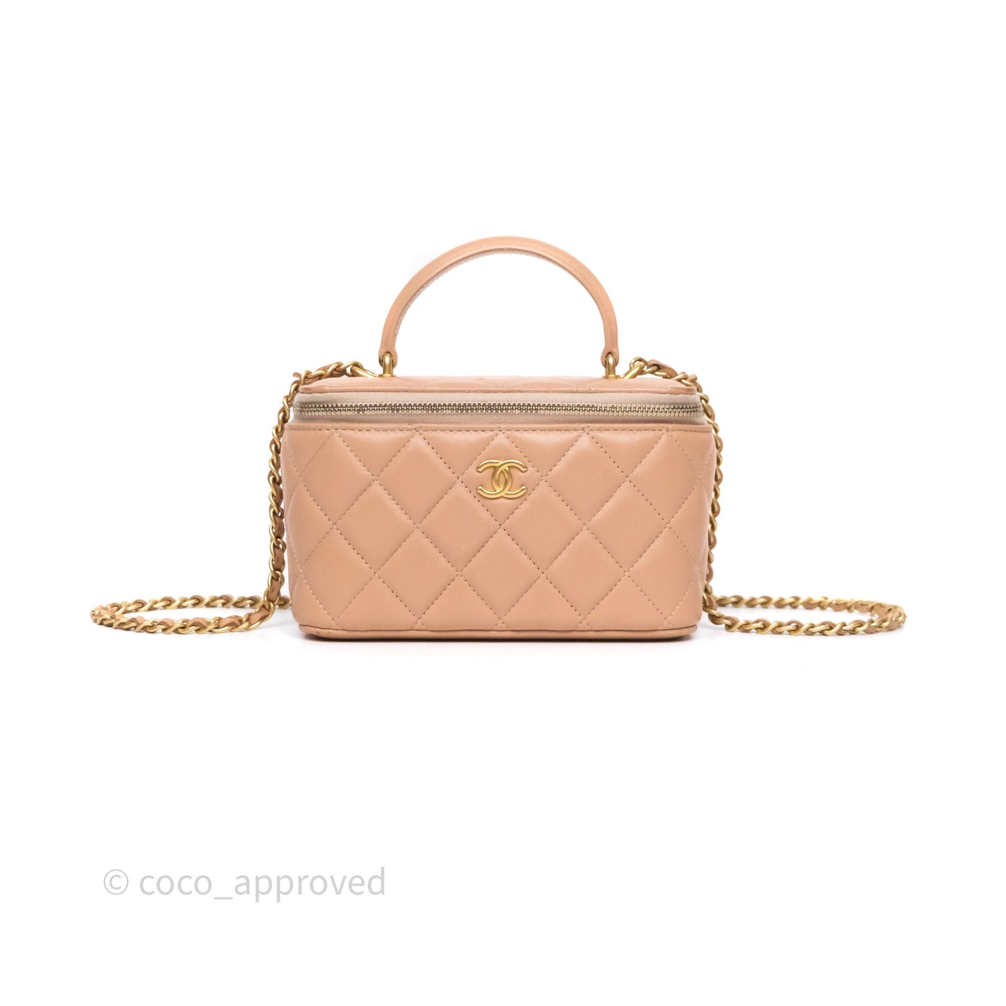 Chanel Vanity Rectangular Top Handle Beige Lambskin Aged Gold Hardware