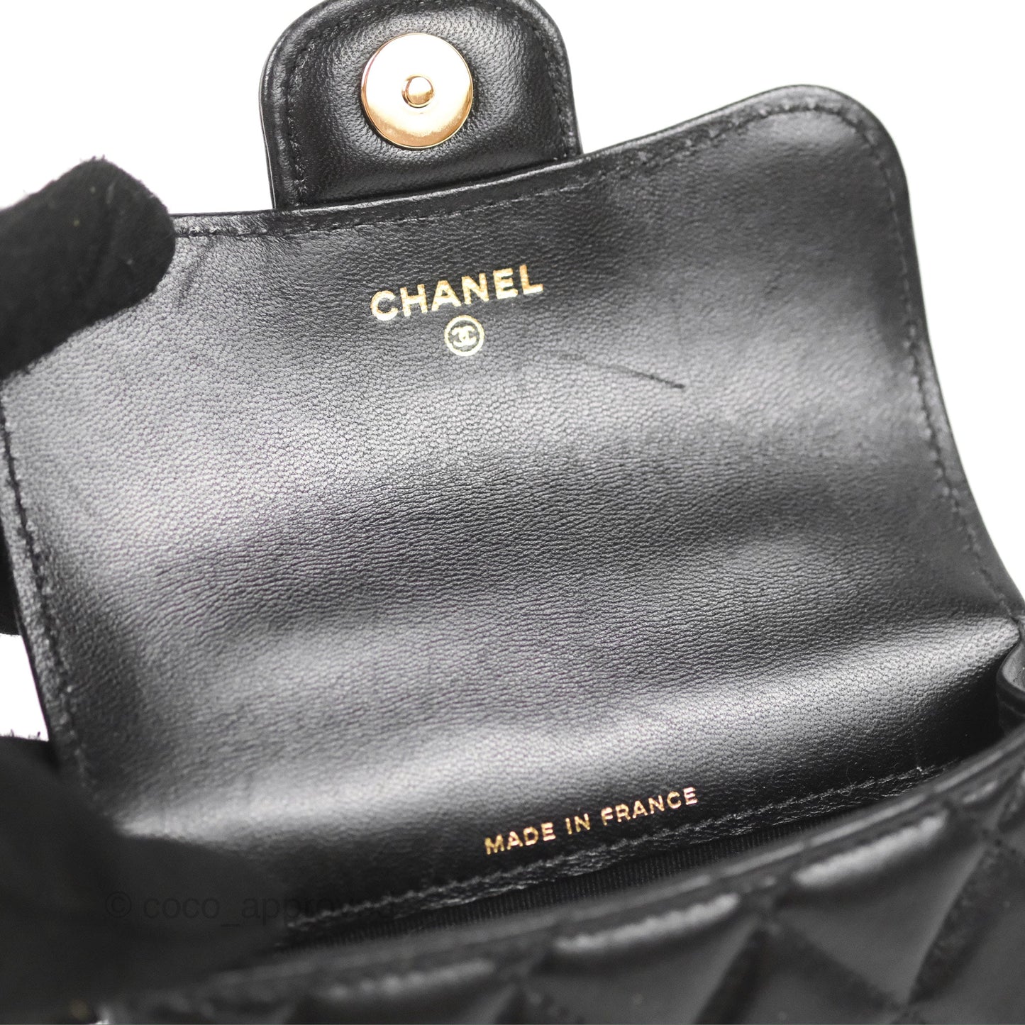 Chanel Mini Handle Flap Coin Purse With Chain Black Lambskin Gold Hardware