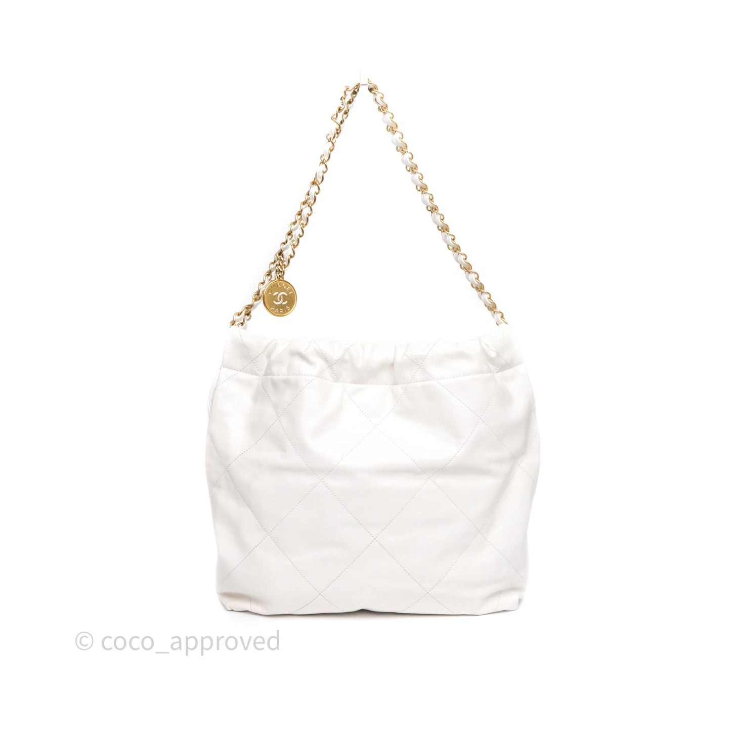 Chanel 22 Small White Shiny Crumpled Calfskin Aged Gold Hardware