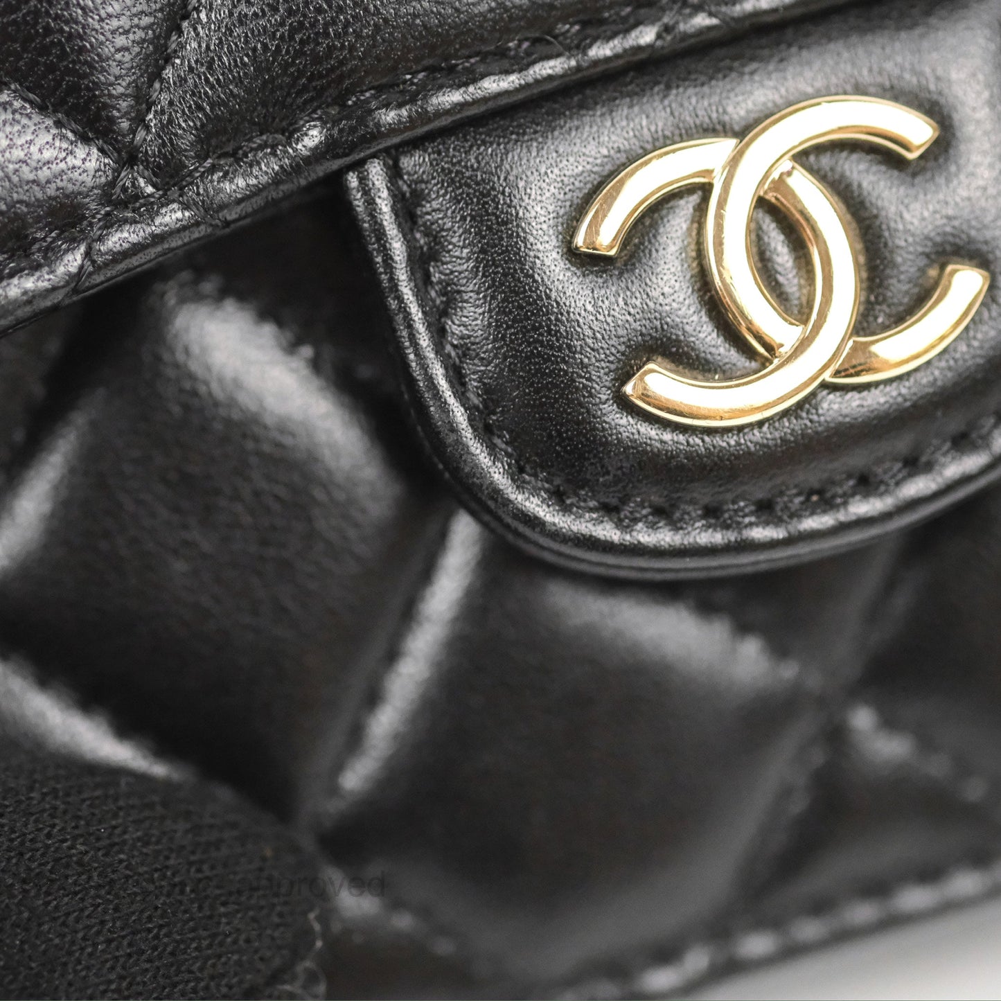 Chanel Mini Handle Flap Coin Purse With Chain Black Lambskin Gold Hardware