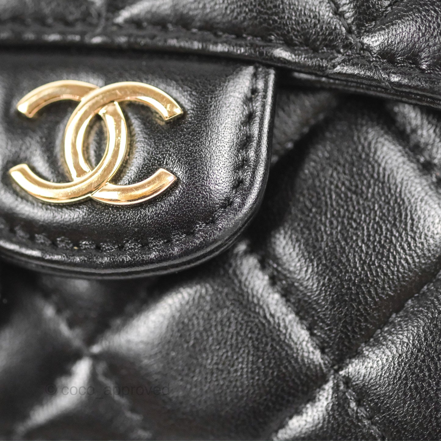 Chanel Mini Handle Flap Coin Purse With Chain Black Lambskin Gold Hardware