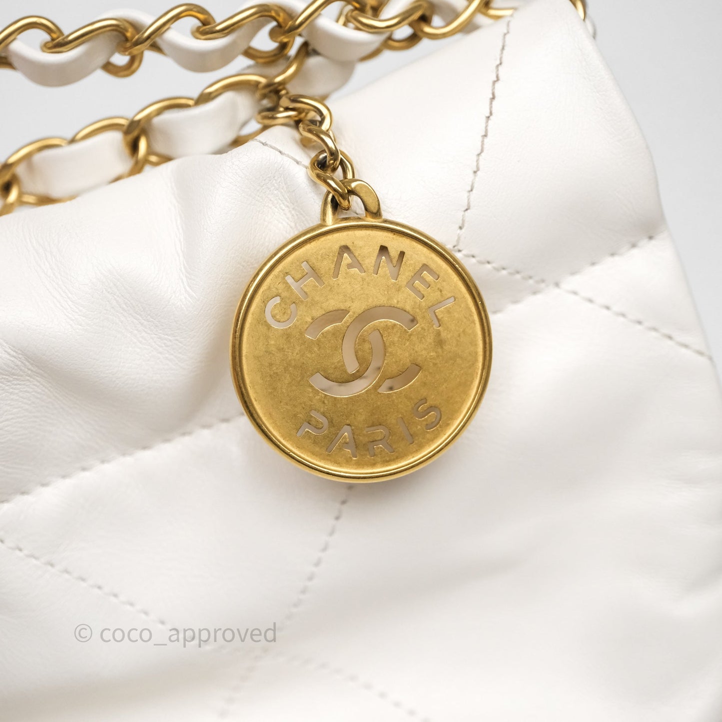 Chanel 22 Small White Shiny Crumpled Calfskin Aged Gold Hardware