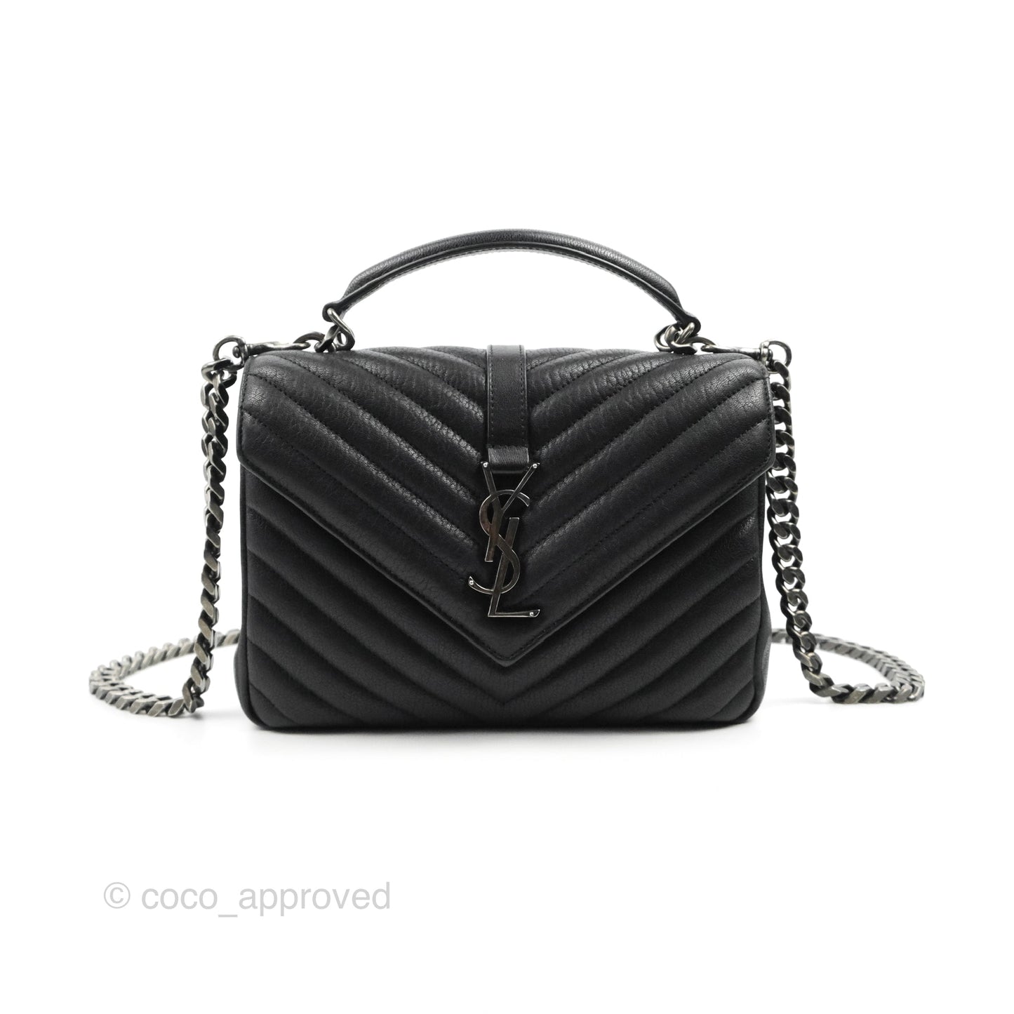 Saint Laurent Chevron Medium College Black Chain Bag Ruthenium Hardware