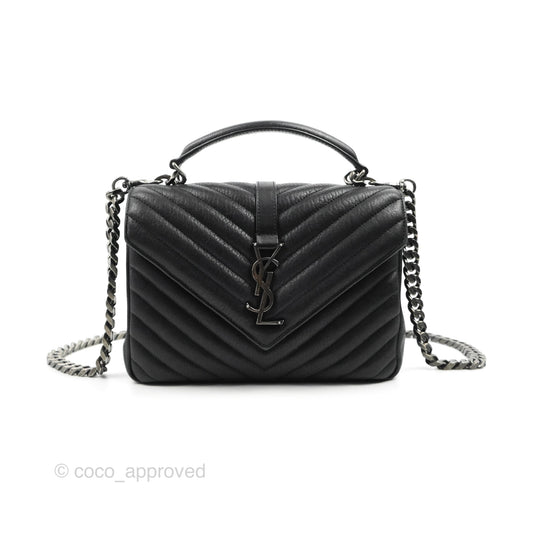 Saint Laurent Chevron Medium College Black Chain Bag Ruthenium Hardware