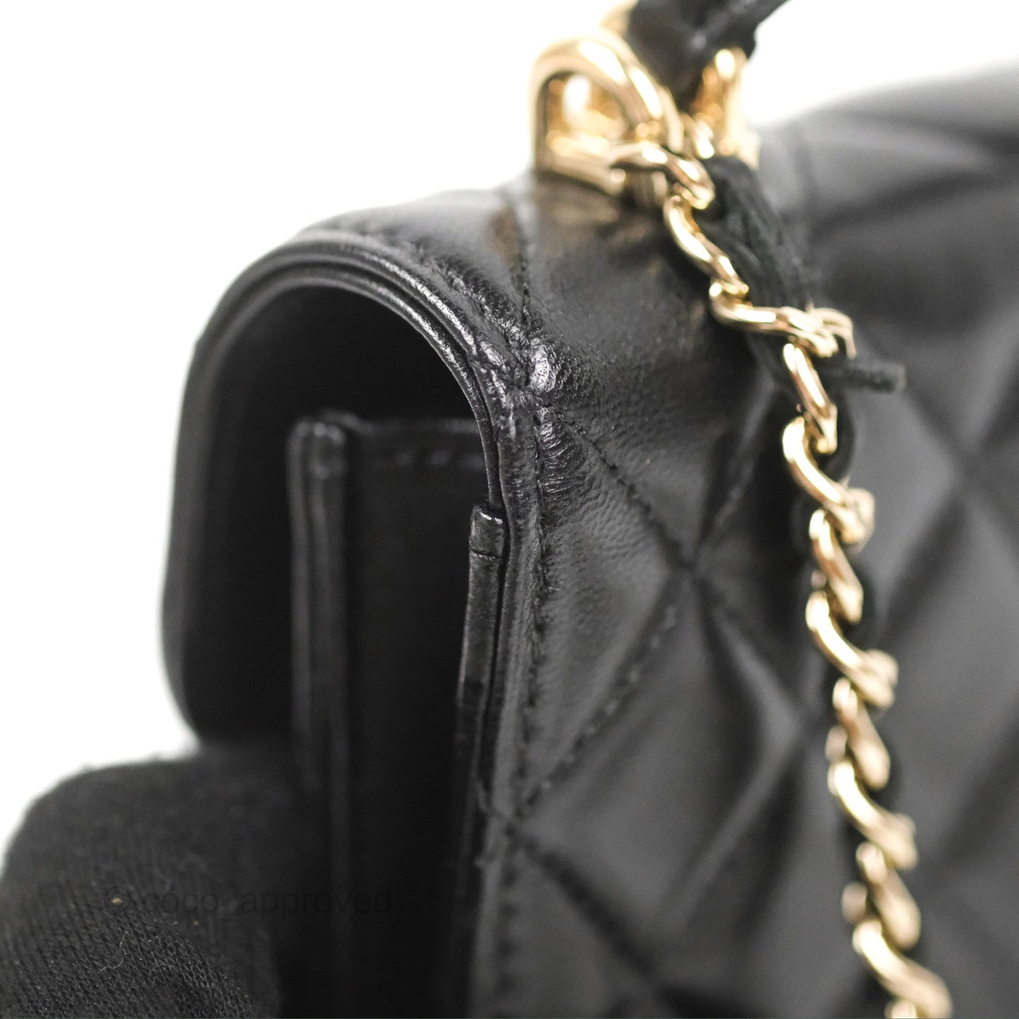 Chanel Mini Handle Flap Coin Purse With Chain Black Lambskin Gold Hardware