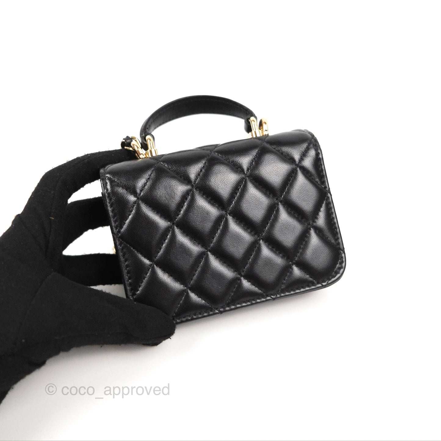 Chanel Mini Handle Flap Coin Purse With Chain Black Lambskin Gold Hardware