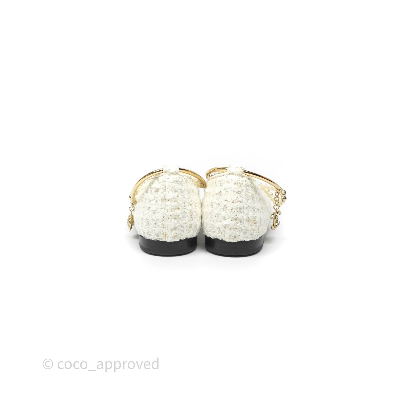 Chanel Ankle Pearl Flat Ballerinas White/ Black Tweed Lambskin Size 35.5