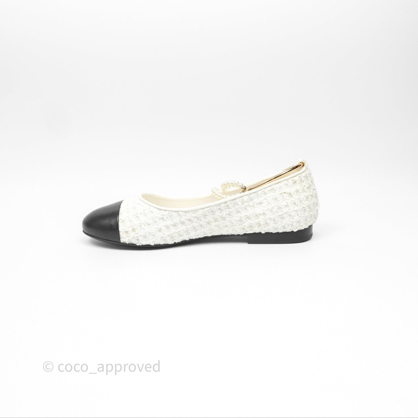 Chanel Ankle Pearl Flat Ballerinas White/ Black Tweed Lambskin Size 35.5