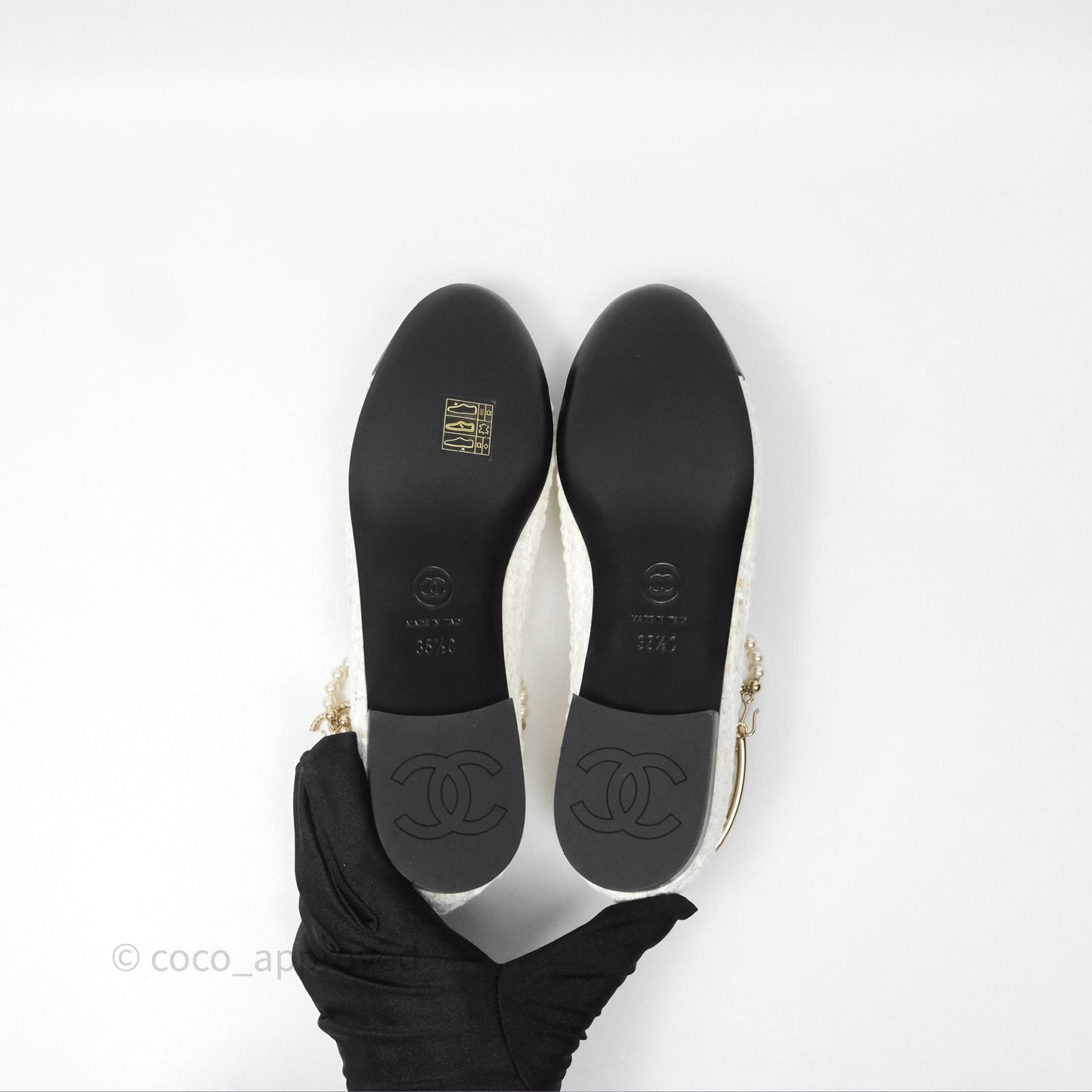 Chanel Ankle Pearl Flat Ballerinas White/ Black Tweed Lambskin Size 35.5