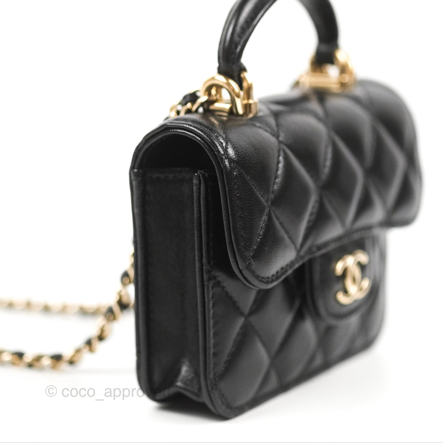 Chanel Mini Handle Flap Coin Purse With Chain Black Lambskin Gold Hardware