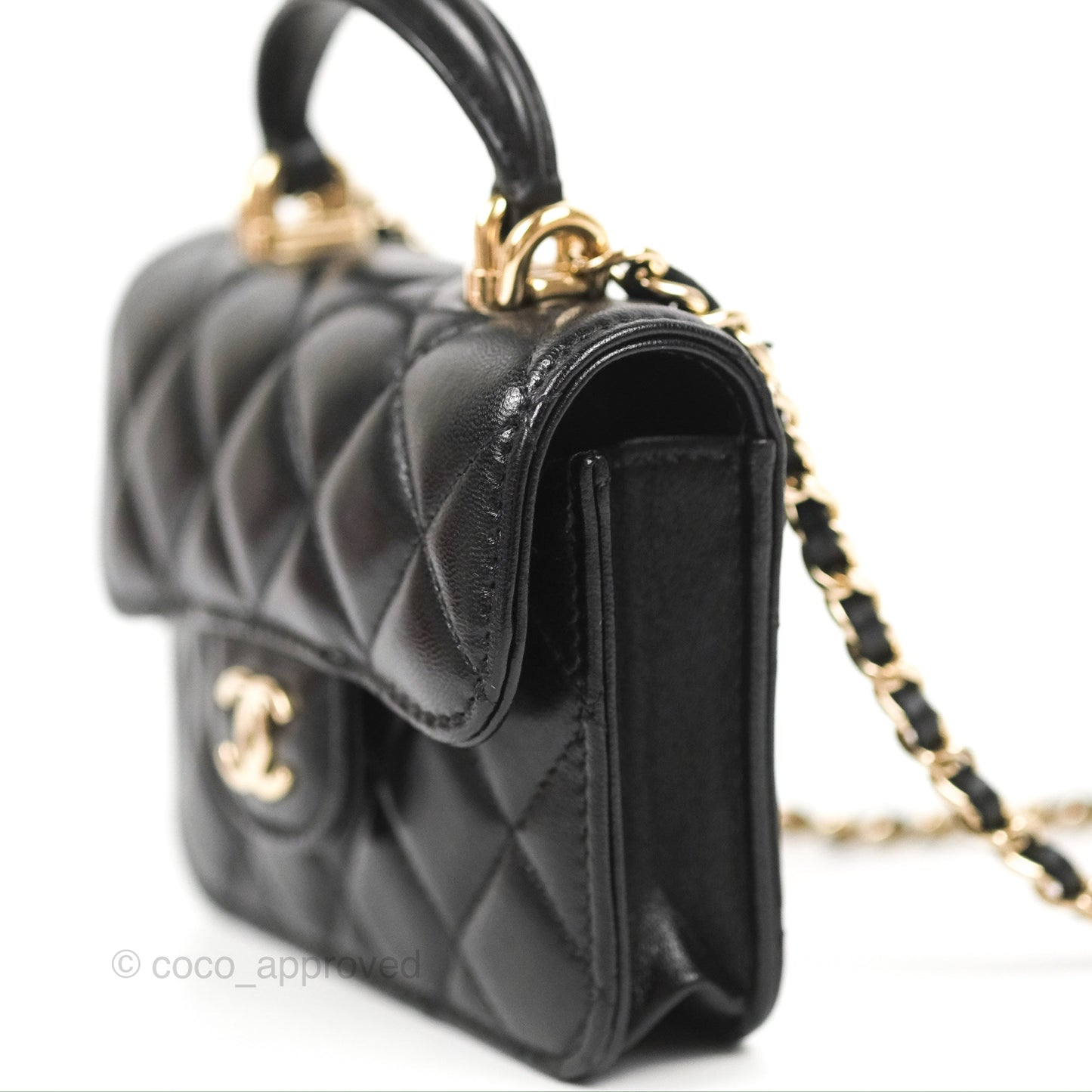 Chanel Mini Handle Flap Coin Purse With Chain Black Lambskin Gold Hardware