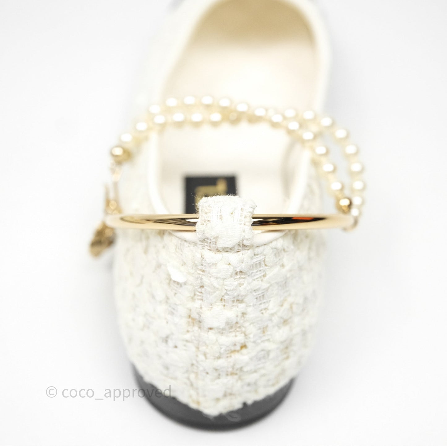 Chanel Ankle Pearl Flat Ballerinas White/ Black Tweed Lambskin Size 35.5