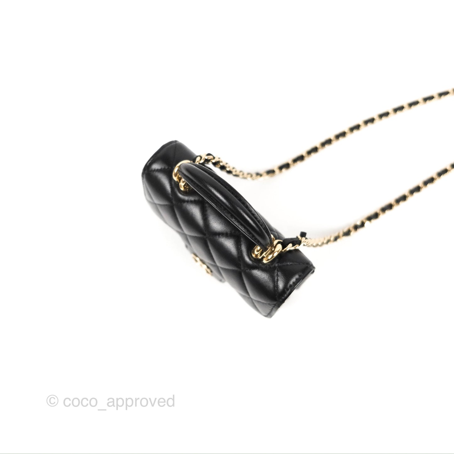 Chanel Mini Handle Flap Coin Purse With Chain Black Lambskin Gold Hardware