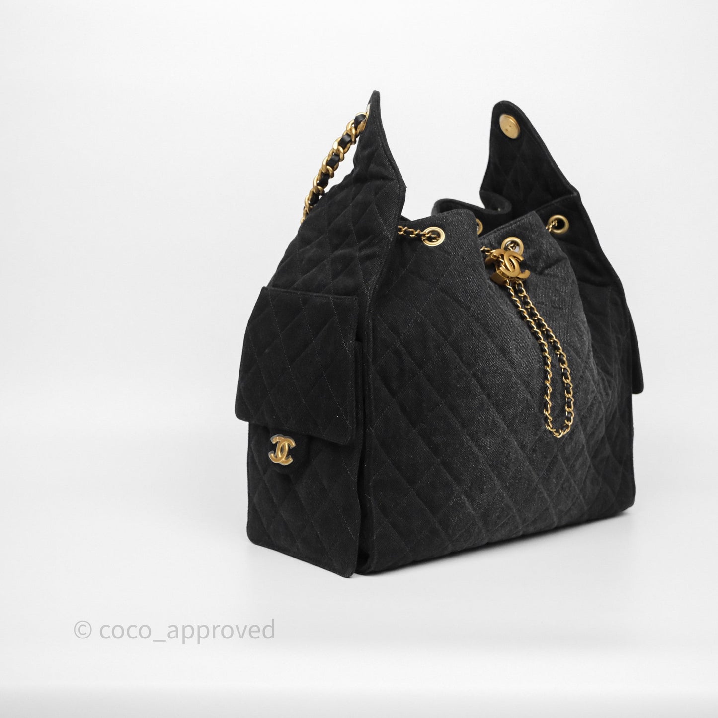 Chanel 25 Medium Washed Denim Black Aged Gold Hardware